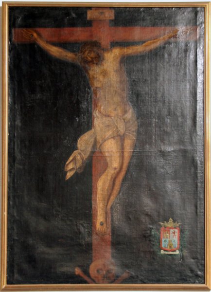 21-IMG_4665 copy.jpg - Cuadro del Santo Cristo de la Vera Cruz. Óleo sobre lienzo que representa al primitivo Cristo de la Vera Cruz, obra de Cristóbal Afonso Díaz, profesor de Luján Pérez. 100x160 cms. Esta pintura sirvió de modelo a Luján Pérez para tallar la actual imagen del Santo Cristo.